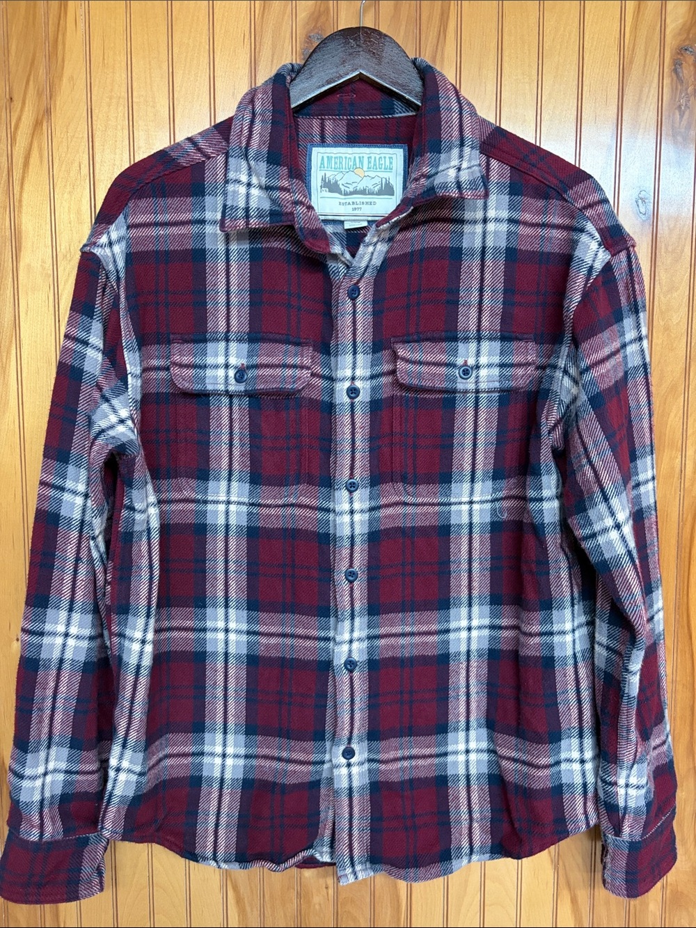 AE Plaid Flannel Shirt Burgundy Red Checked Button Up Mens M Biker Moto Heavy